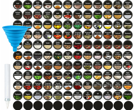 Stojak na Przyprawy Pojemniki Organizer 144 Naklejki Szklane Słoiczki 30szt