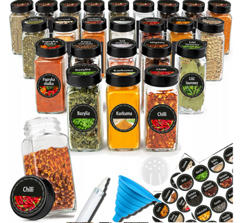 24x Szklane Pojemniki Na Przyprawy Słoiczki 144 Naklejki Lejek Słoiki